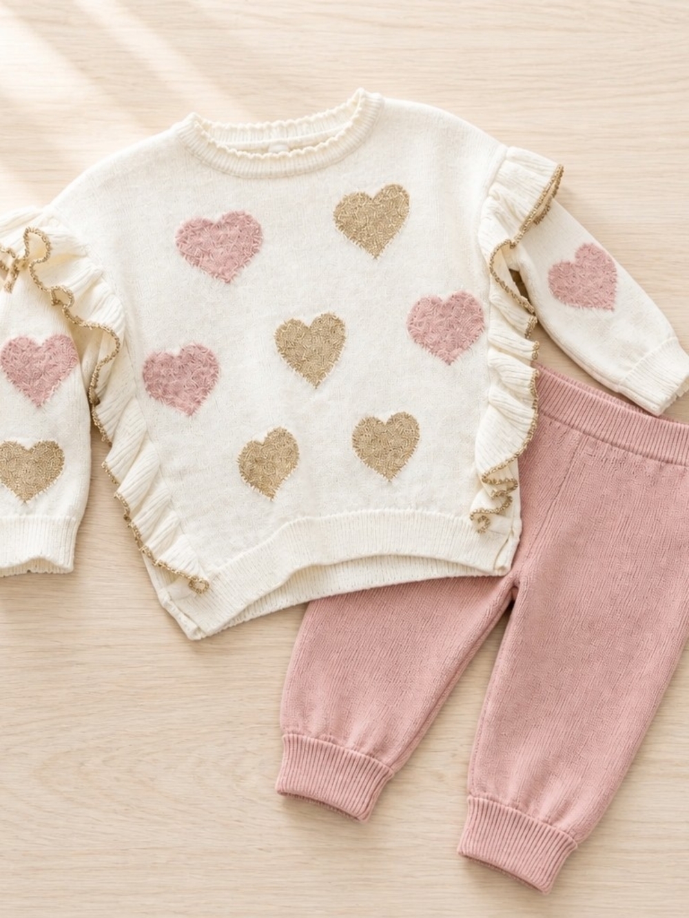 Cozy Heart Knit Kids Matching Set - Cream & Blush